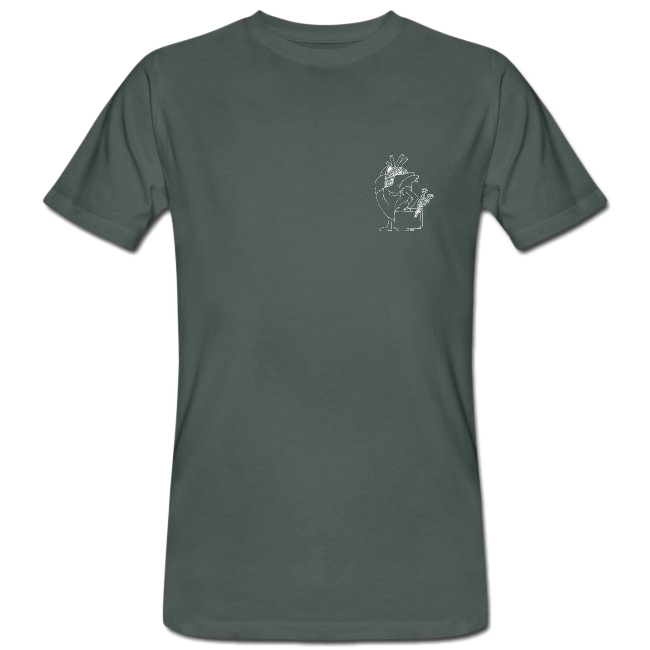 Ein graugrünes Männer T-Shirt aus dem RIA Shop mit dem RIA Herz "Wenn du Koffer dabei hast"